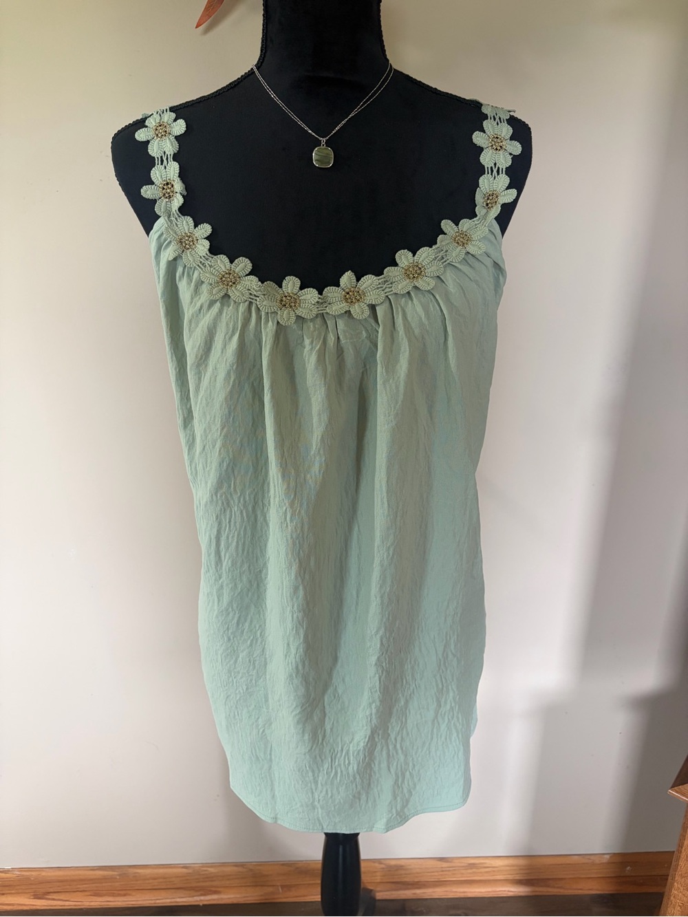 Anna Sui Mint Green Floral-Trim Camisole